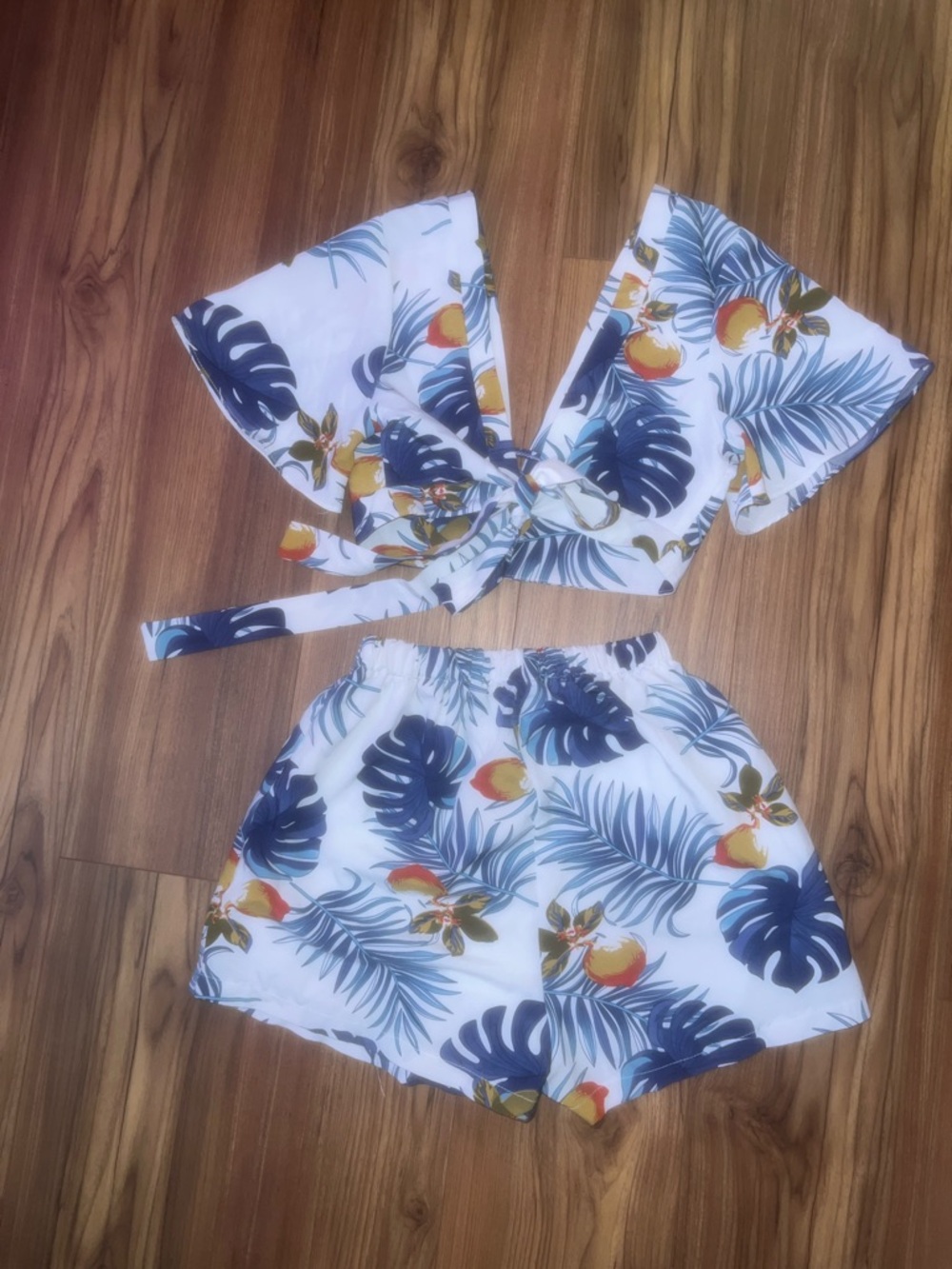 SHEIN White Tropical Print Women’s Shorts with Navy & Yellow Accent